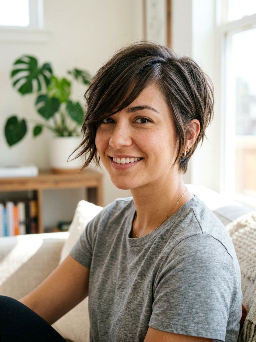 Piecey Pixie With Long Bangs - 20 flattering haircut for rectangle face women - 20 flattering haircut for rectangle face women