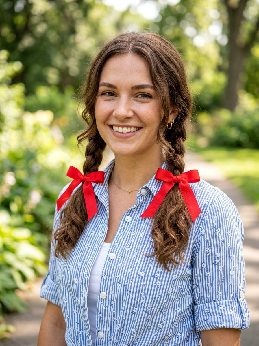 Pigtails With Red Ribbons - 20 red ribbons for medium brown hair - 20 red ribbons for medium brown hair