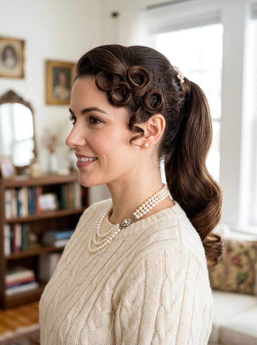 Pin Curl Rolled Ponytail - 20 retro rolled ponytail hairstyle - 20 retro rolled ponytail hairstyle