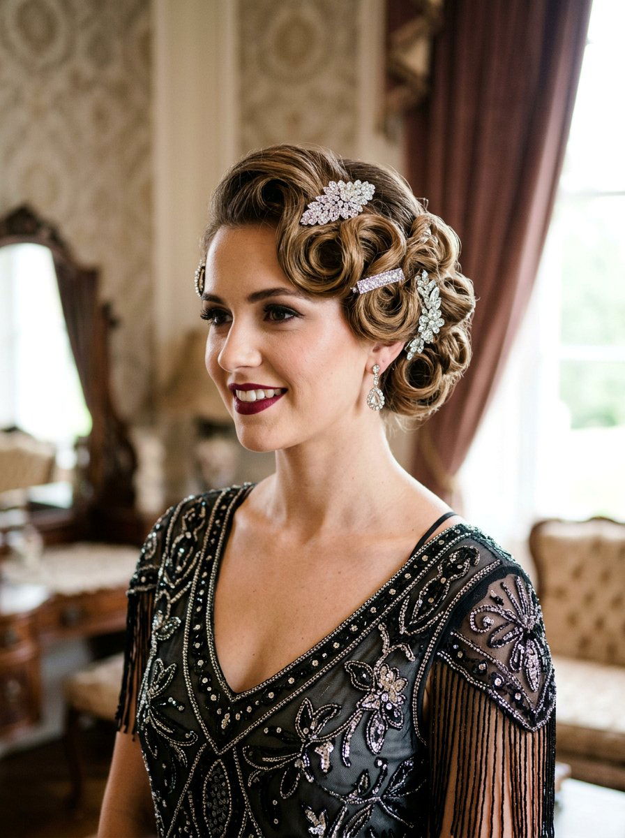 Pin Curl Updo With Glitter Clips - 20 party hairstyle with glitter clips - 20 party hairstyle with glitter clips