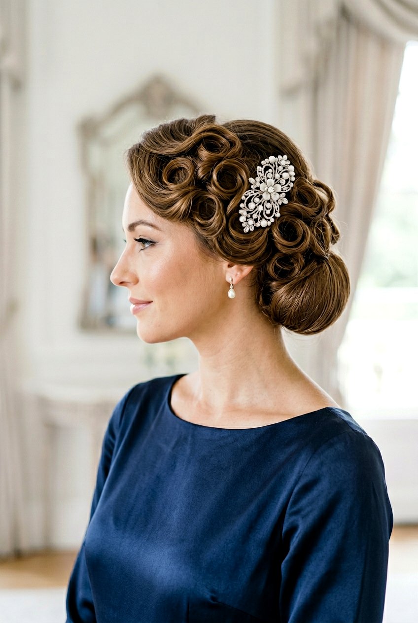 Pin Curl Updo With Hair Accessory - 20 pin curl updo hairstyle - 20 pin curl updo hairstyle