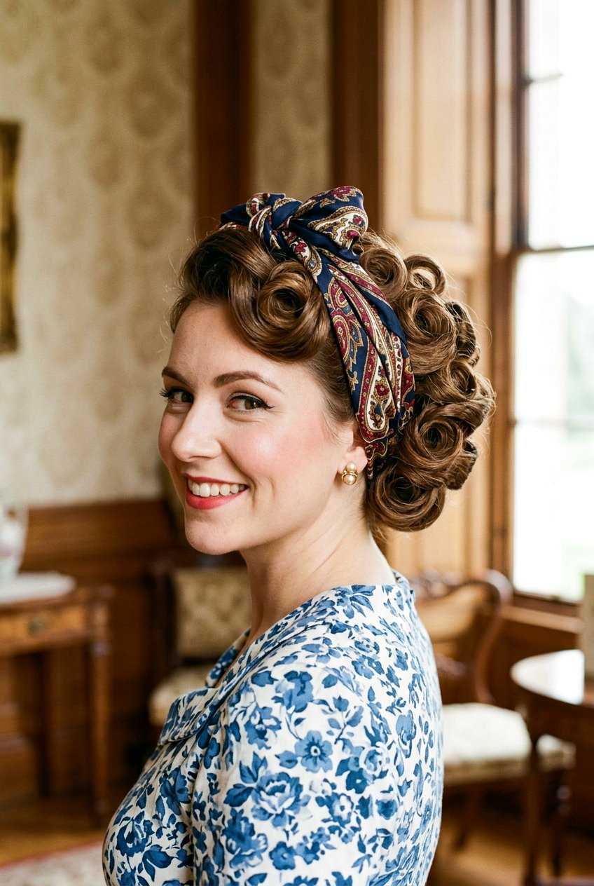 Pin Curl Updo With Scarf - 20 vintage updo hairstyle - 20 vintage updo hairstyle