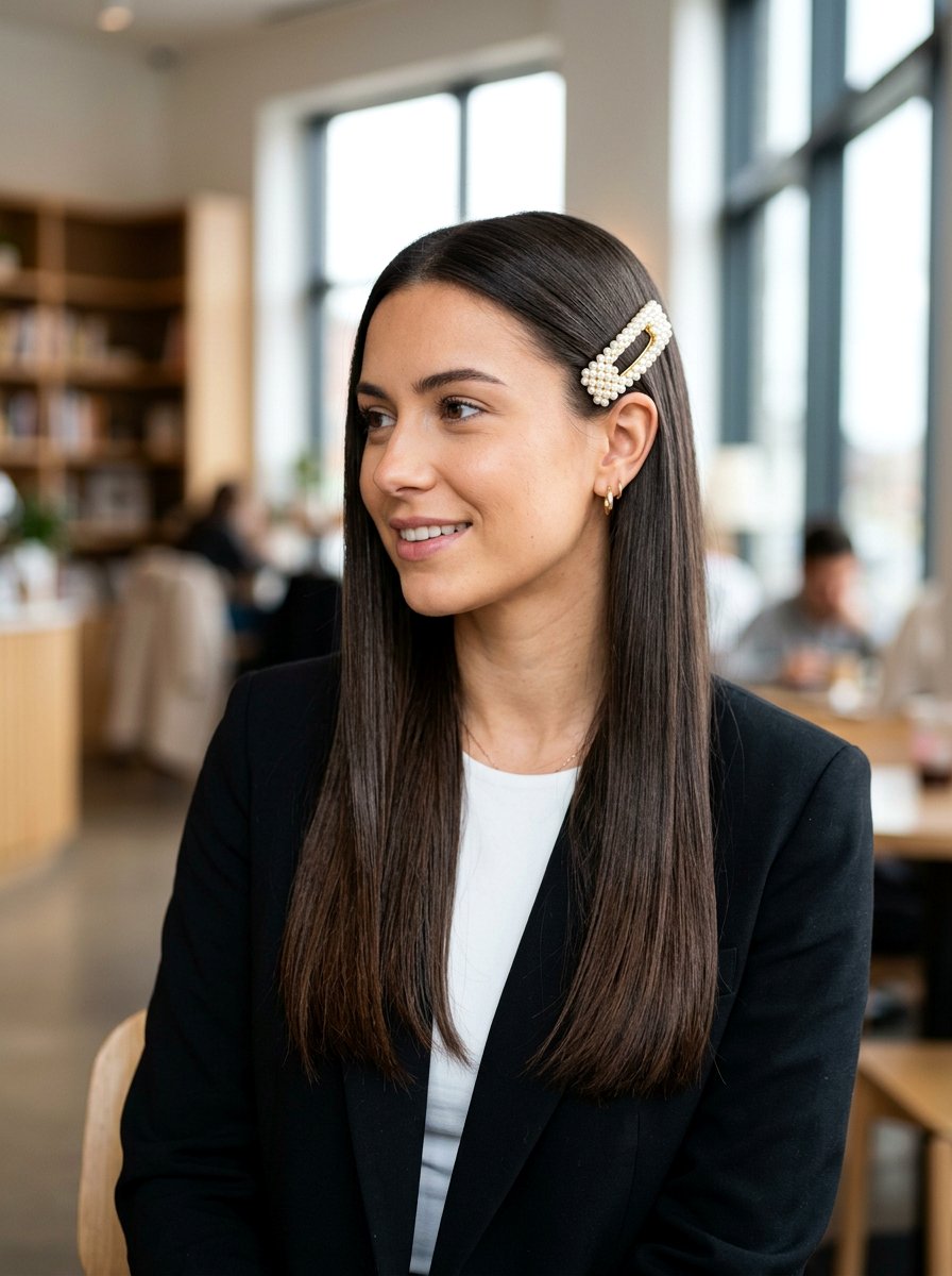 Pin Straight Hair With Pearl Barrette - 20 office hairstyle with pearl barrette - 20 office hairstyle with pearl barrette