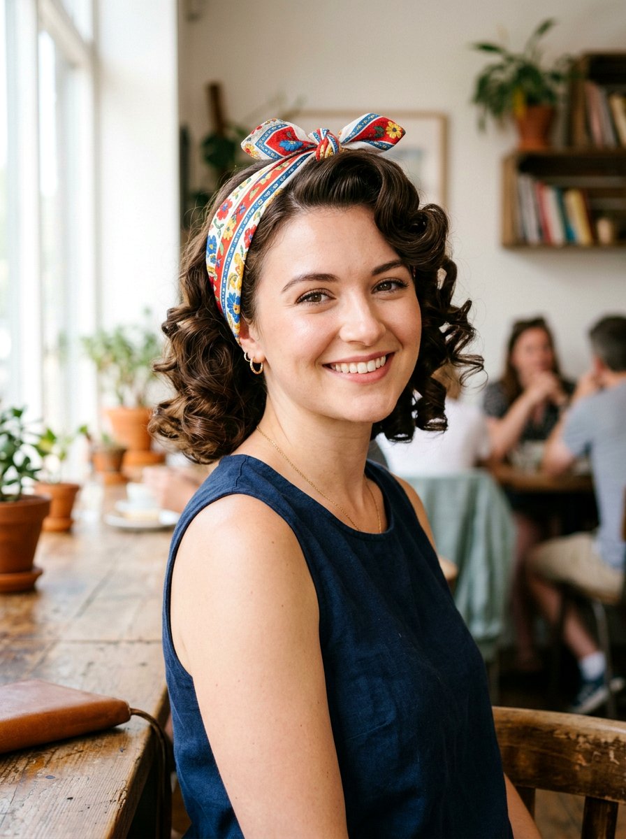 Pin Up Curls With Scarf - 20 pin up curls hairstyle - 20 pin up curls hairstyle