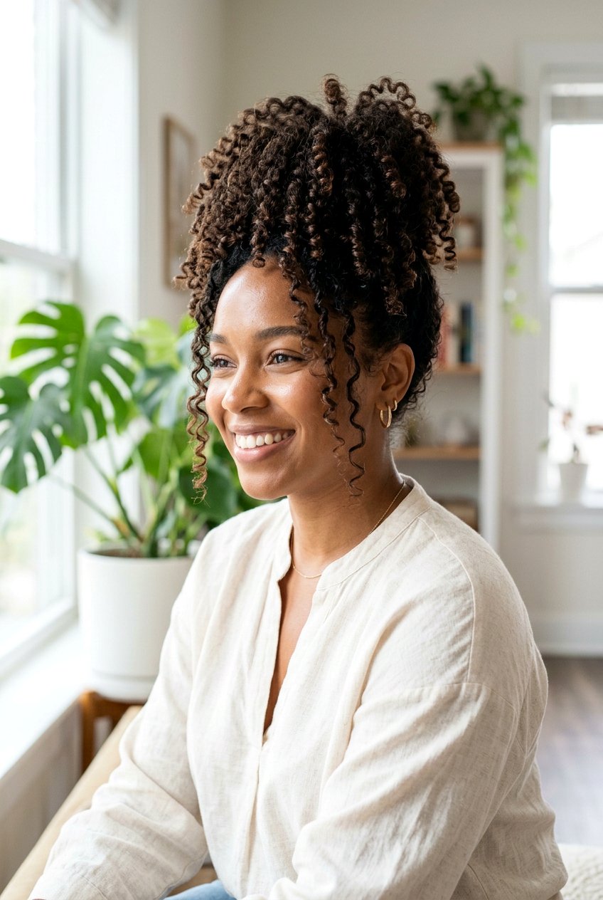 Pineapple Updo - 20 humidity proof hairstyles for curly hair - 20 humidity proof hairstyles for curly hair