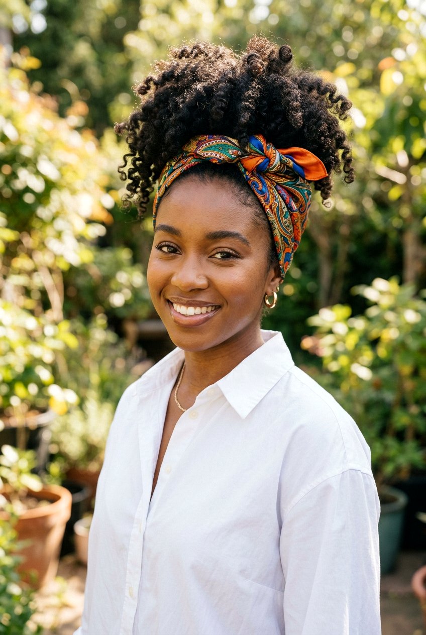 Pineapple Updo With Scarf - 20 office hairstyle for curly shoulder length hair - 20 office hairstyle for curly shoulder length hair