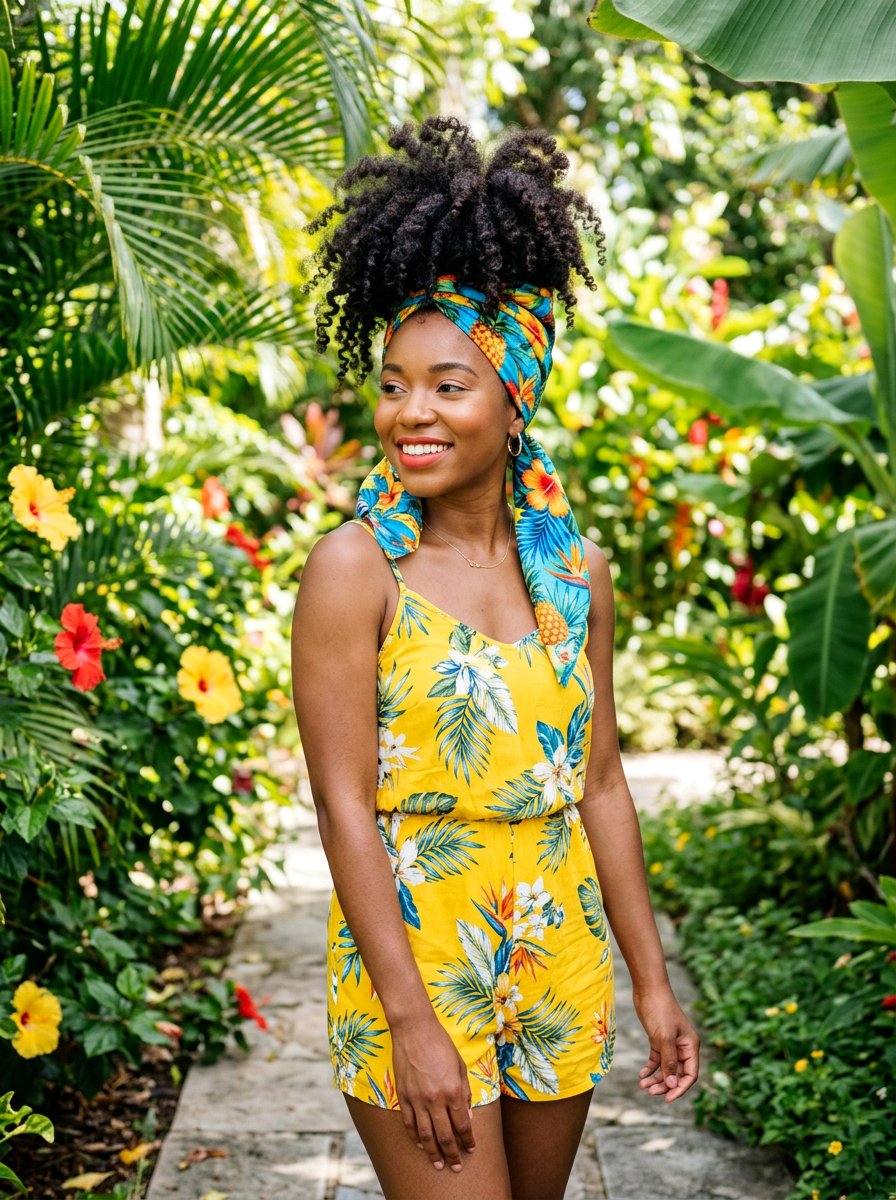 Pineapple Updo With Tropical Scarf - 20 vacation hairstyle with tropical scarf - 20 vacation hairstyle with tropical scarf
