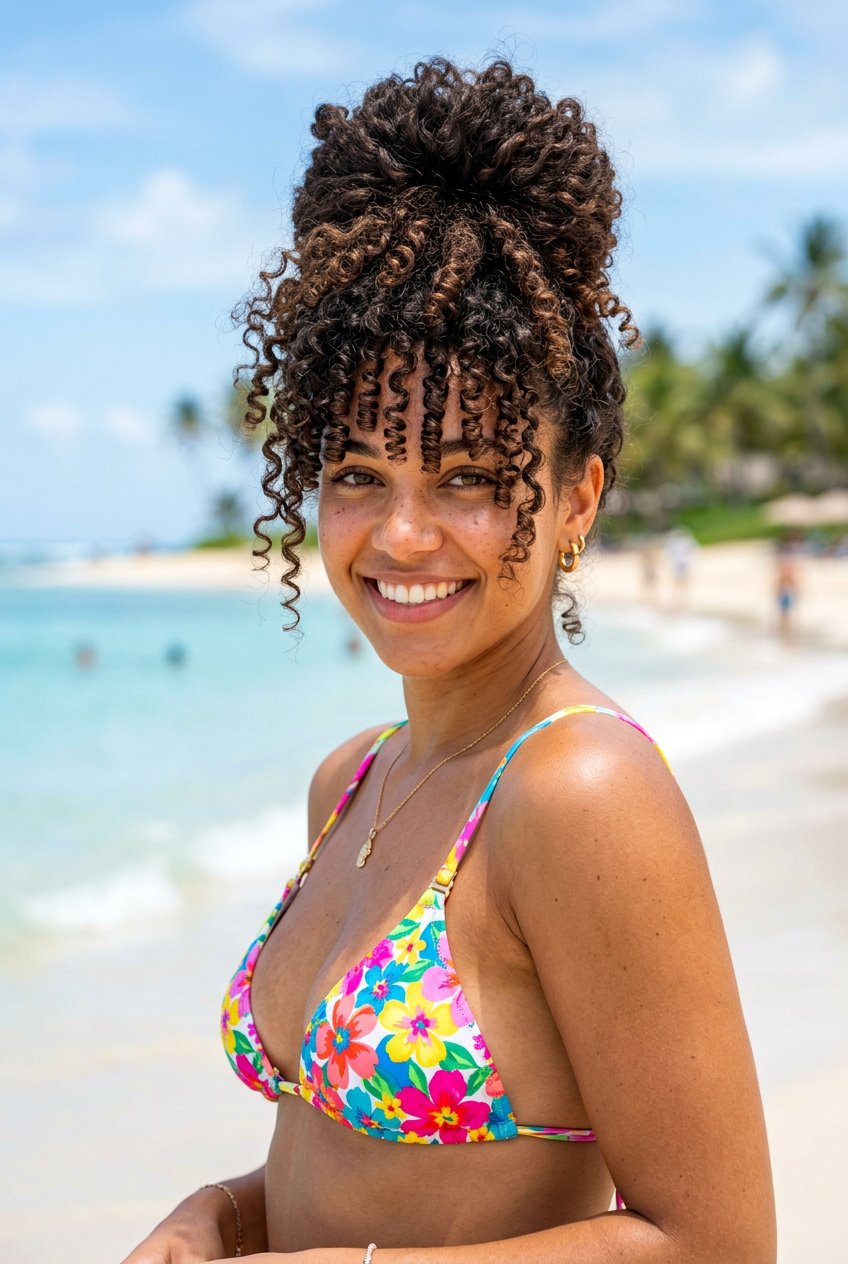 Pineapple bun curly hair - 20 beach hairstyle for curly hair women - 20 beach hairstyle for curly hair women