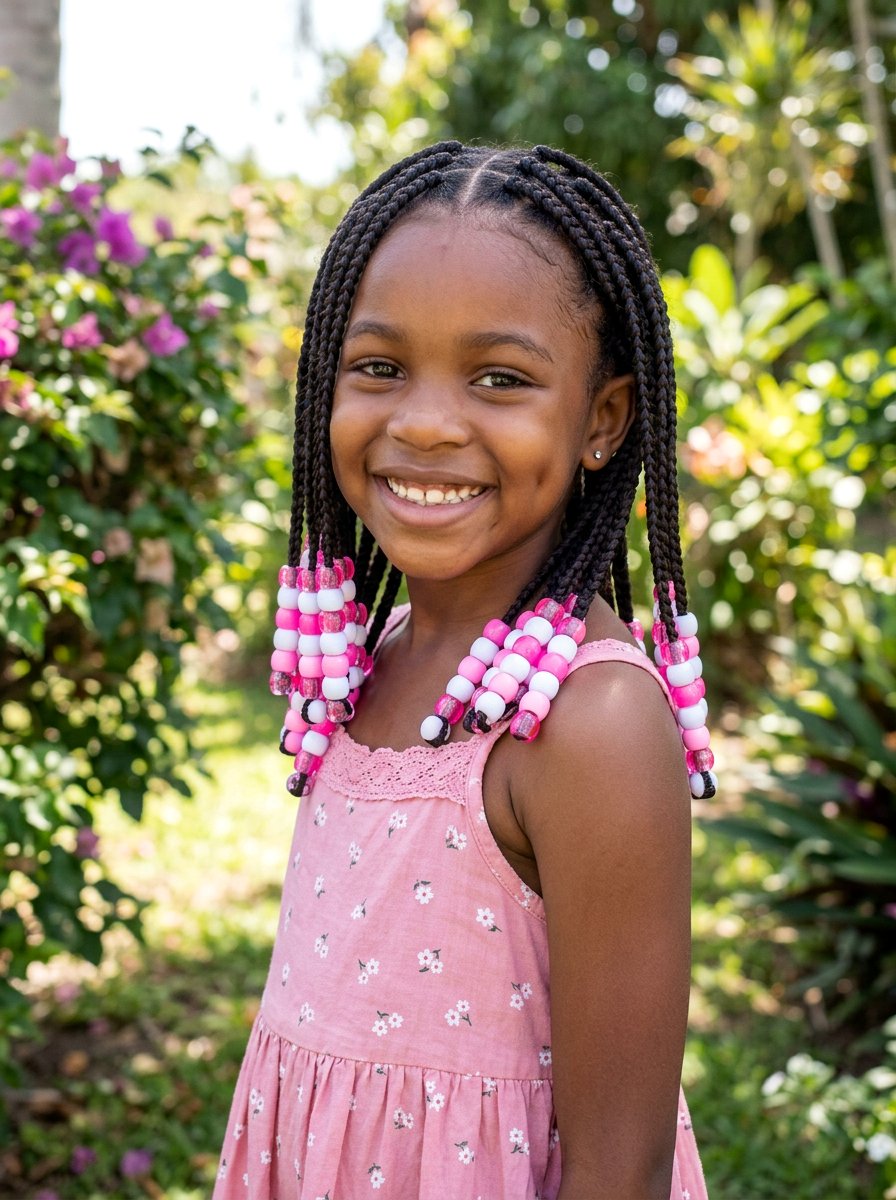 Pink And White Beads Box Braids - 20 kids box braids with beads - 20 kids box braids with beads