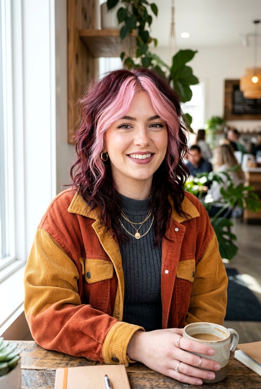 Pink Money Piece on Burgundy Hair - 20 bold money piece ideas - 20 bold money piece ideas