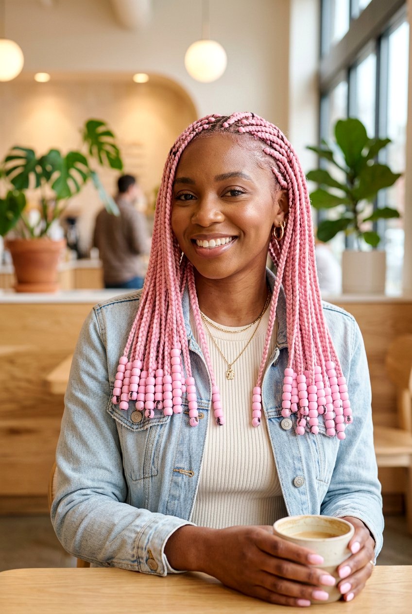 Pink box braids with matching beads - 20 box braids with beads