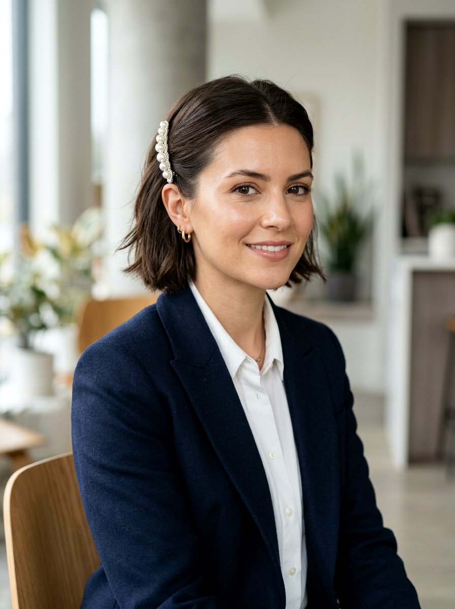 Pinned Back Bob With Pearl Barrette - 20 office hairstyle with pearl barrette - 20 office hairstyle with pearl barrette