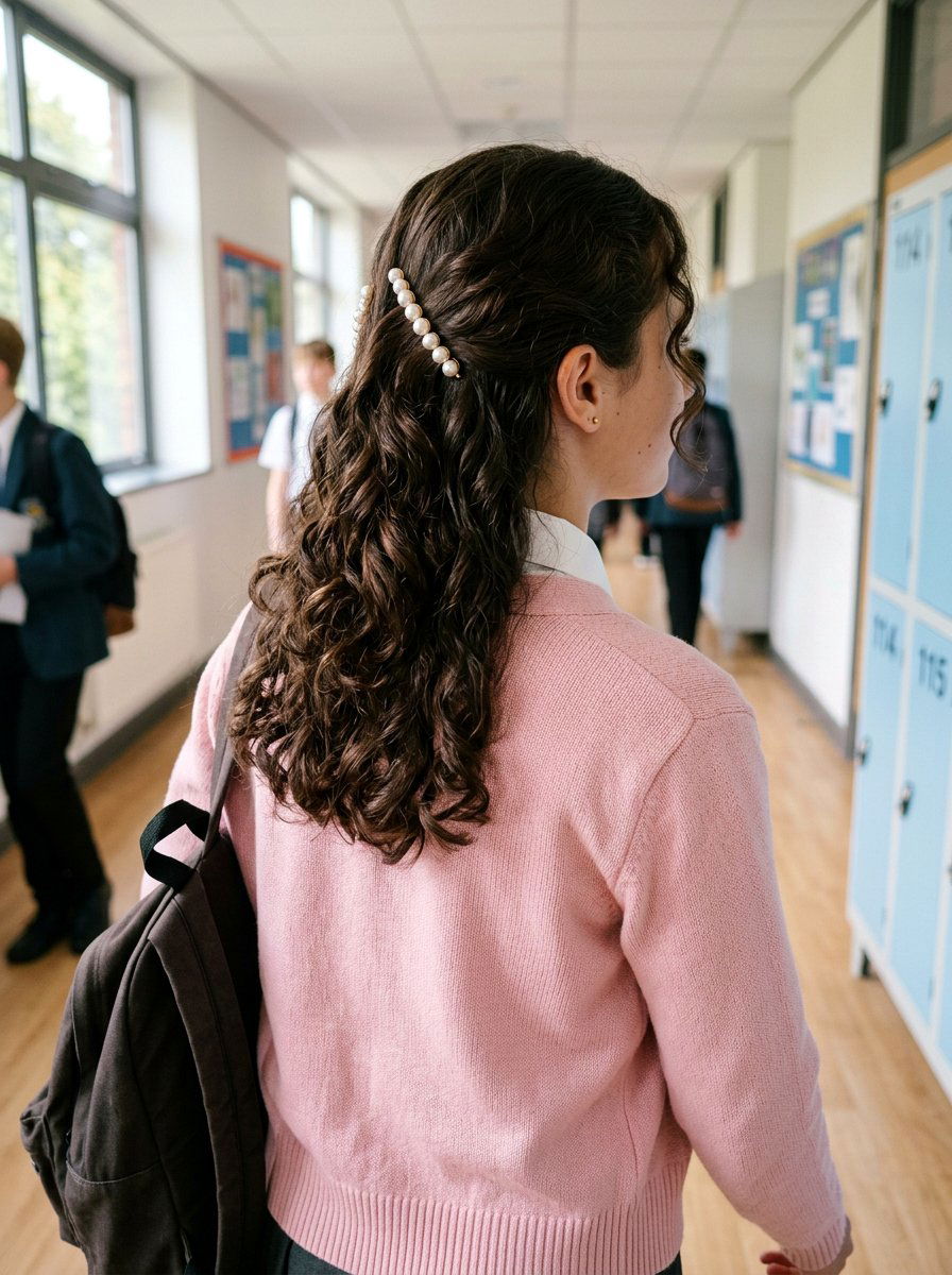 Pinned Back Curls With Pearl Clips - 20 simple school hairstyle with clips - 20 simple school hairstyle with clips
