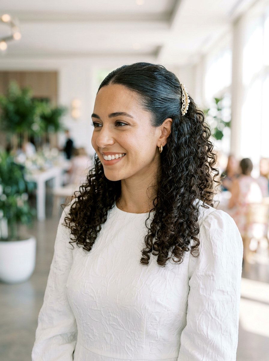 Pinned Back Curly Half Updo - 20 soft glam hairstyle for curly hair - 20 soft glam hairstyle for curly hair