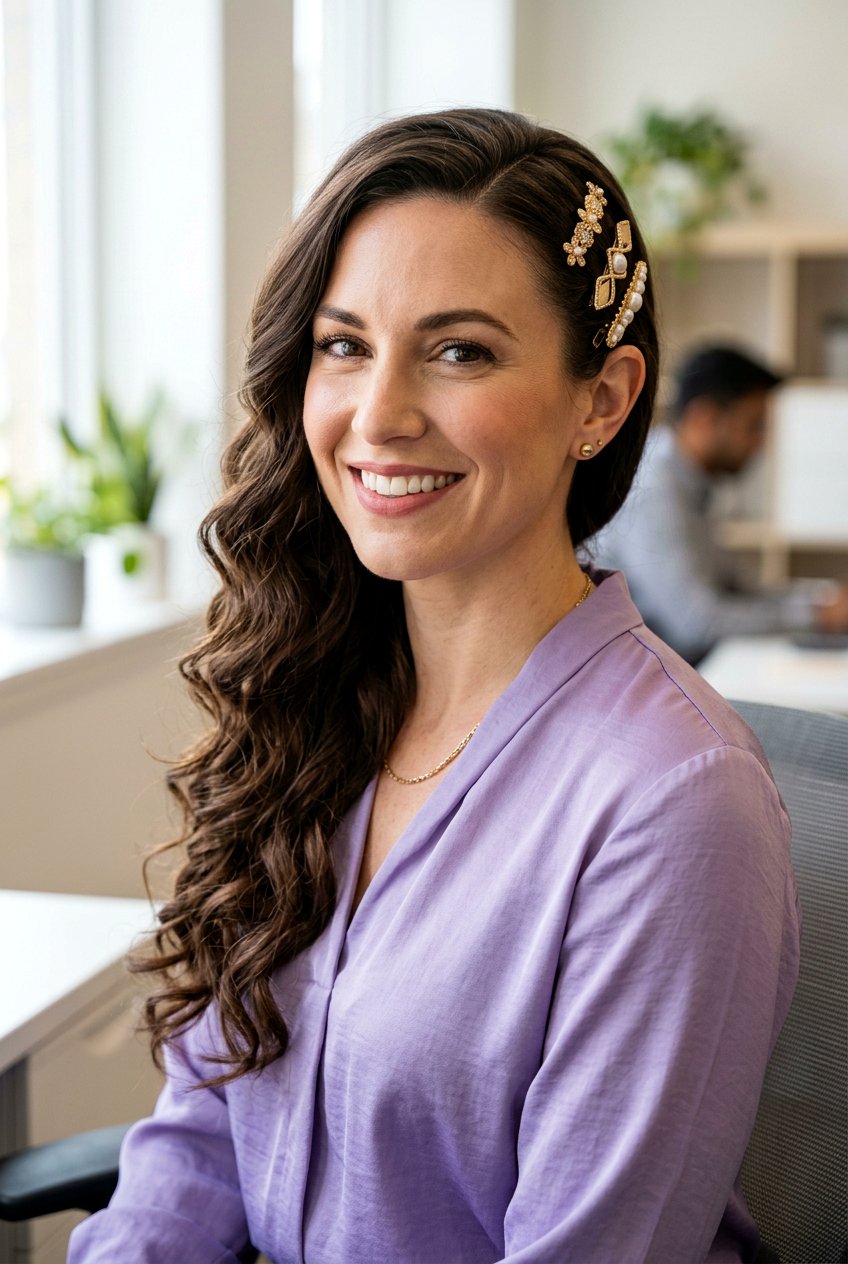 Pinned Side Sweep - 20 easy work hairstyle for long curly hair - 20 easy work hairstyle for long curly hair