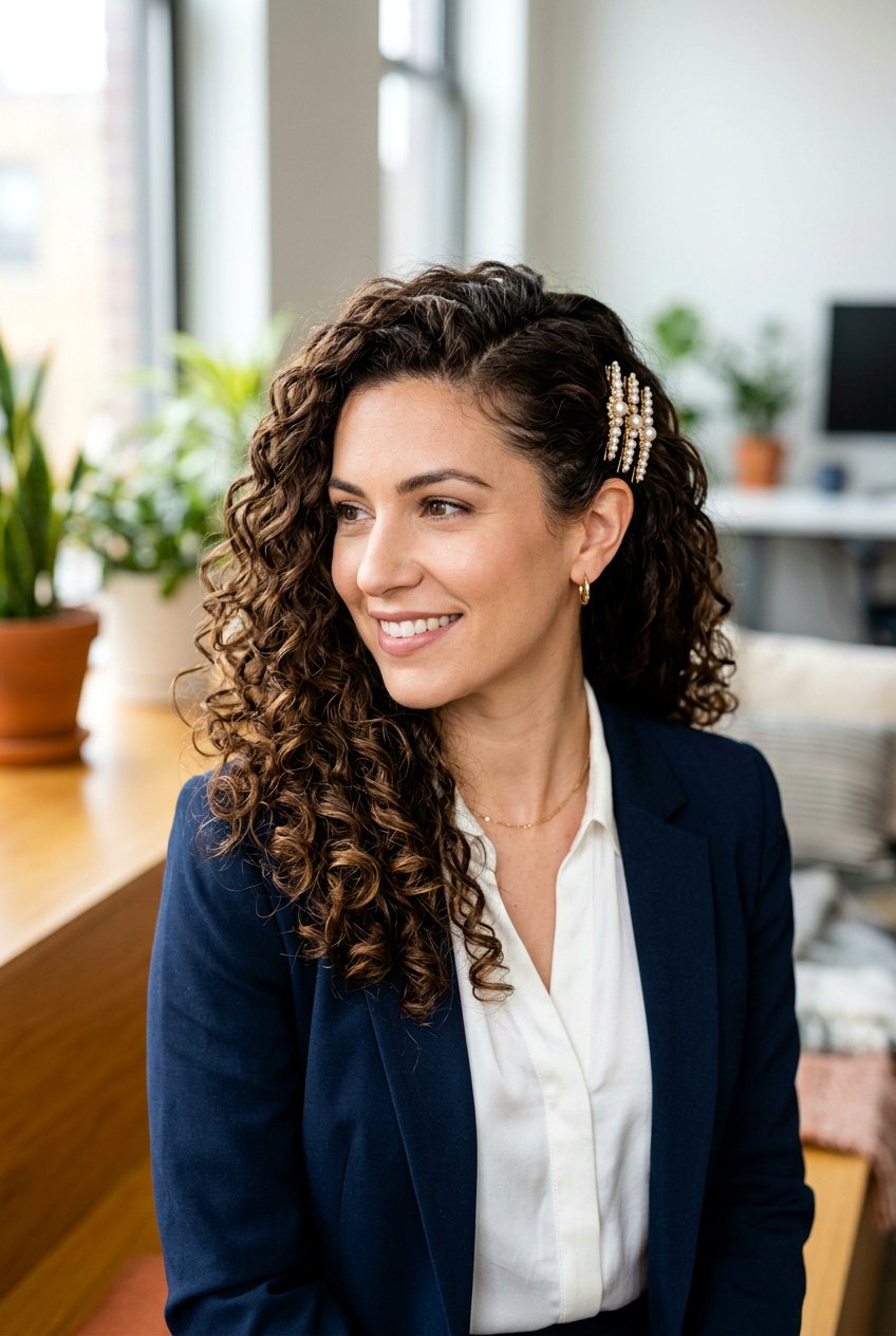 Pinned side curly hair - 20 interview hairstyle for curly hair women - 20 interview hairstyle for curly hair women