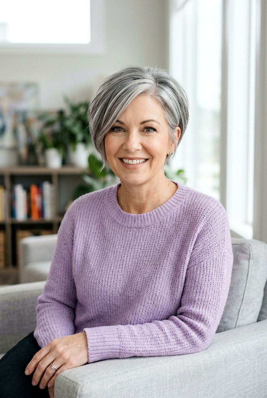 Pixie Bob Gray Blending - 20 gray blending bob with highlights - 20 gray blending bob with highlights