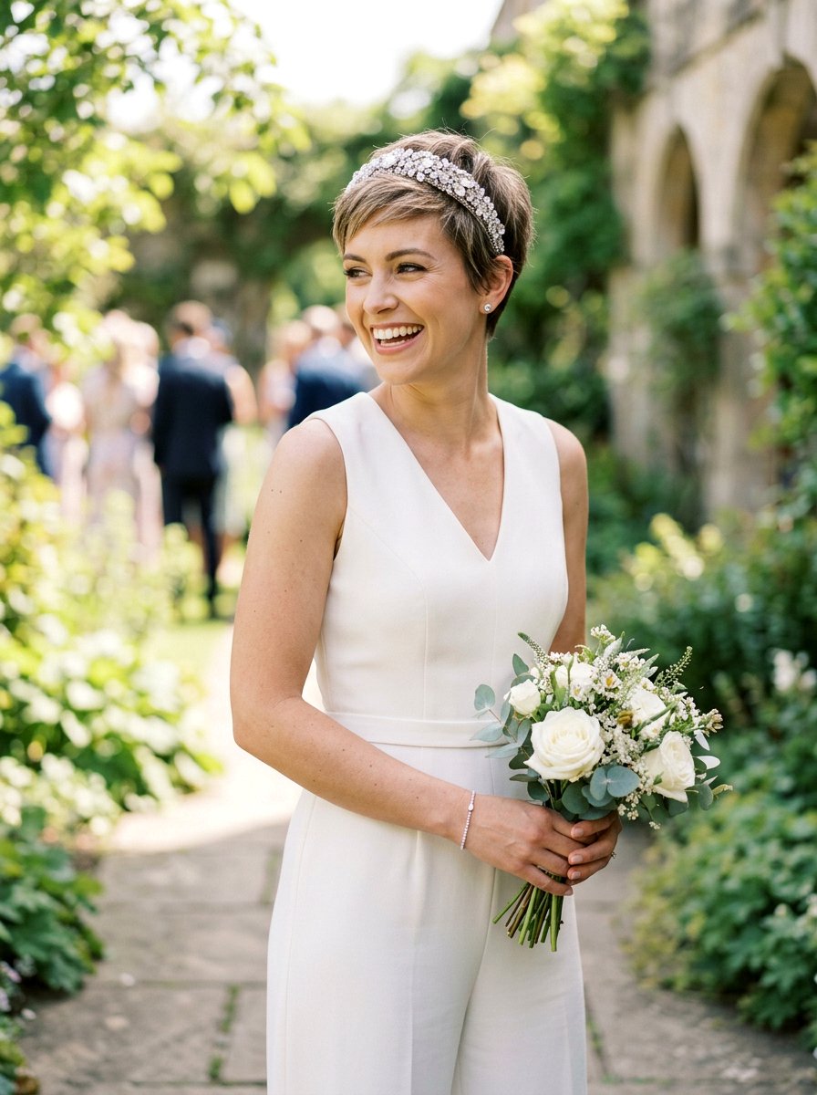 Pixie Cut With Crystal Headband - 20 wedding hairstyles for elopement - 20 wedding hairstyles for elopement