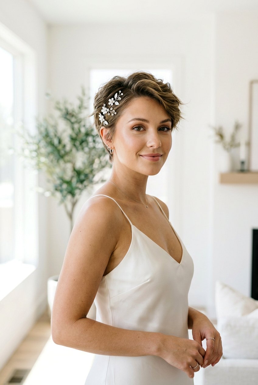 Pixie Cut With Dainty Blossom Pins - 20 bridal hairstyle with floral pins - 20 bridal hairstyle with floral pins