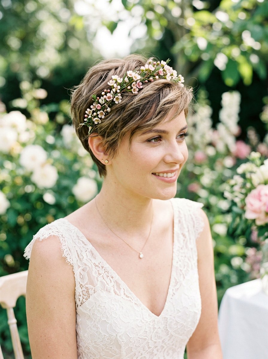 Pixie Cut With Floral Headband - 20 wedding hairstyles with flowers - 20 wedding hairstyles with flowers