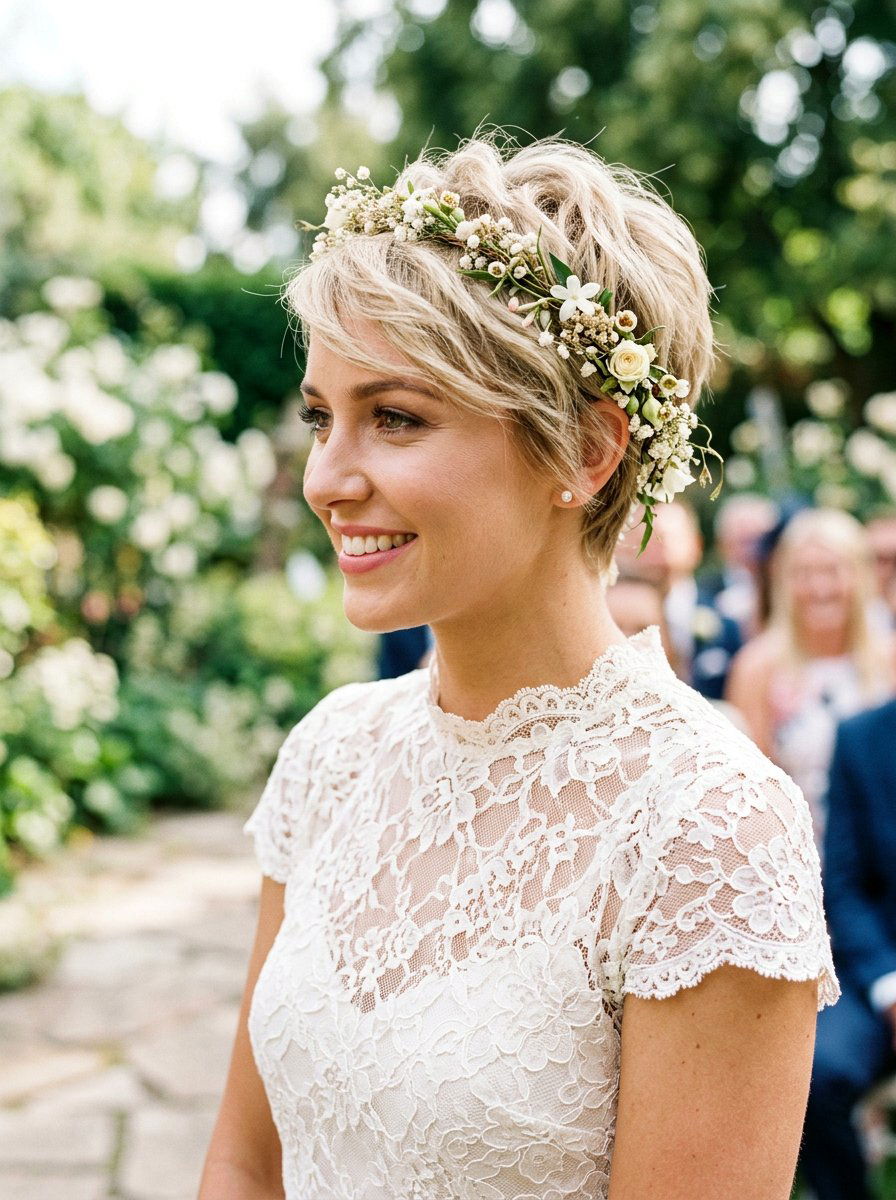 Pixie Cut With Flower Headpiece - 20 wedding hairstyles for garden ceremony - 20 wedding hairstyles for garden ceremony