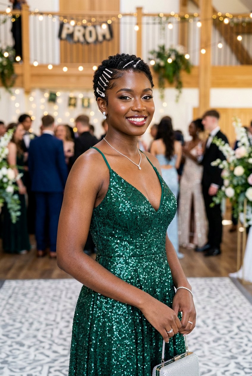 Pixie Cut With Sparkling Pins - 20 black women prom hairstyle ideas - 20 black women prom hairstyle ideas