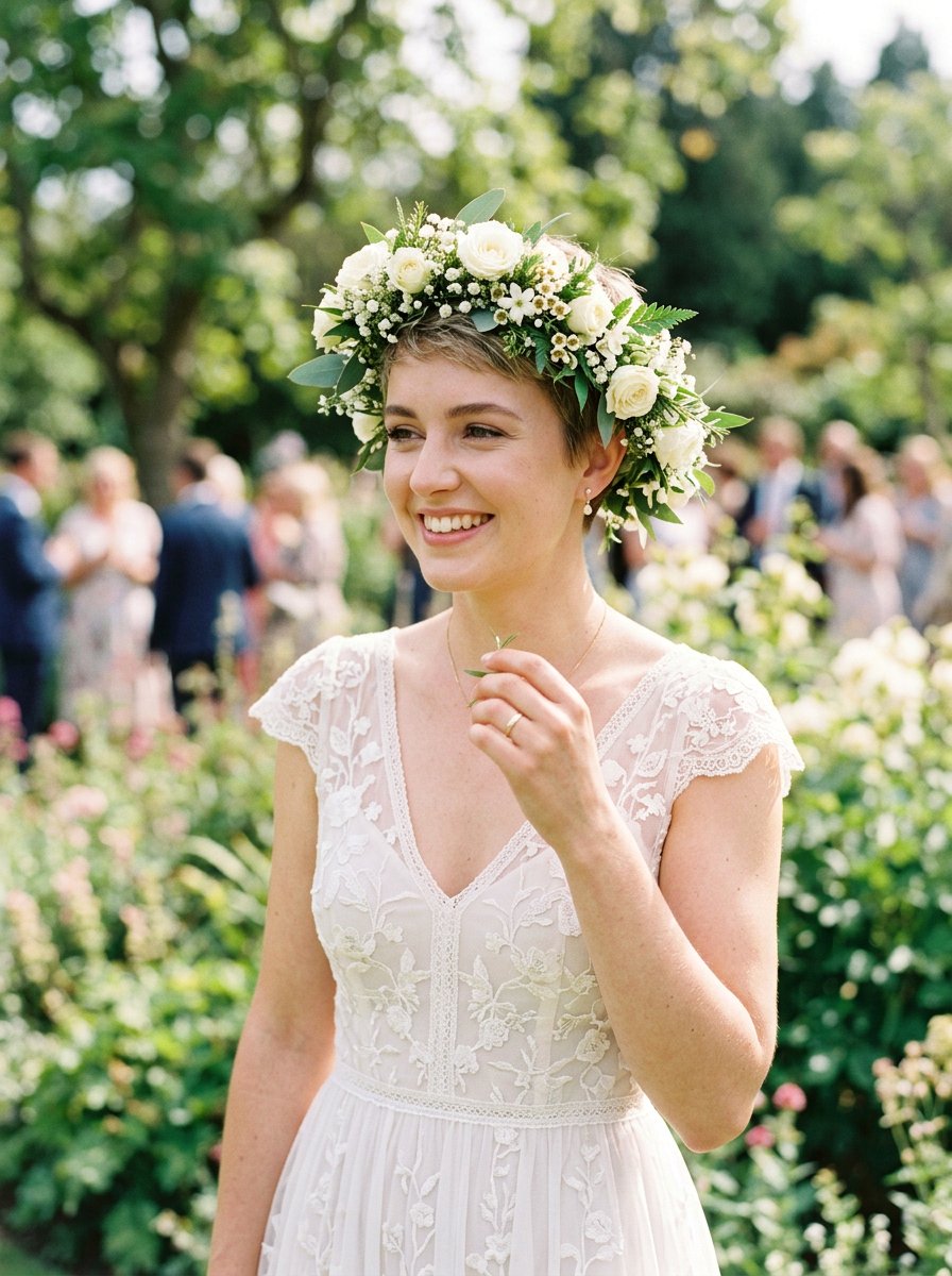 Pixie With Flower Crown - 20 simple bridal hairstyle for short hair - 20 simple bridal hairstyle for short hair