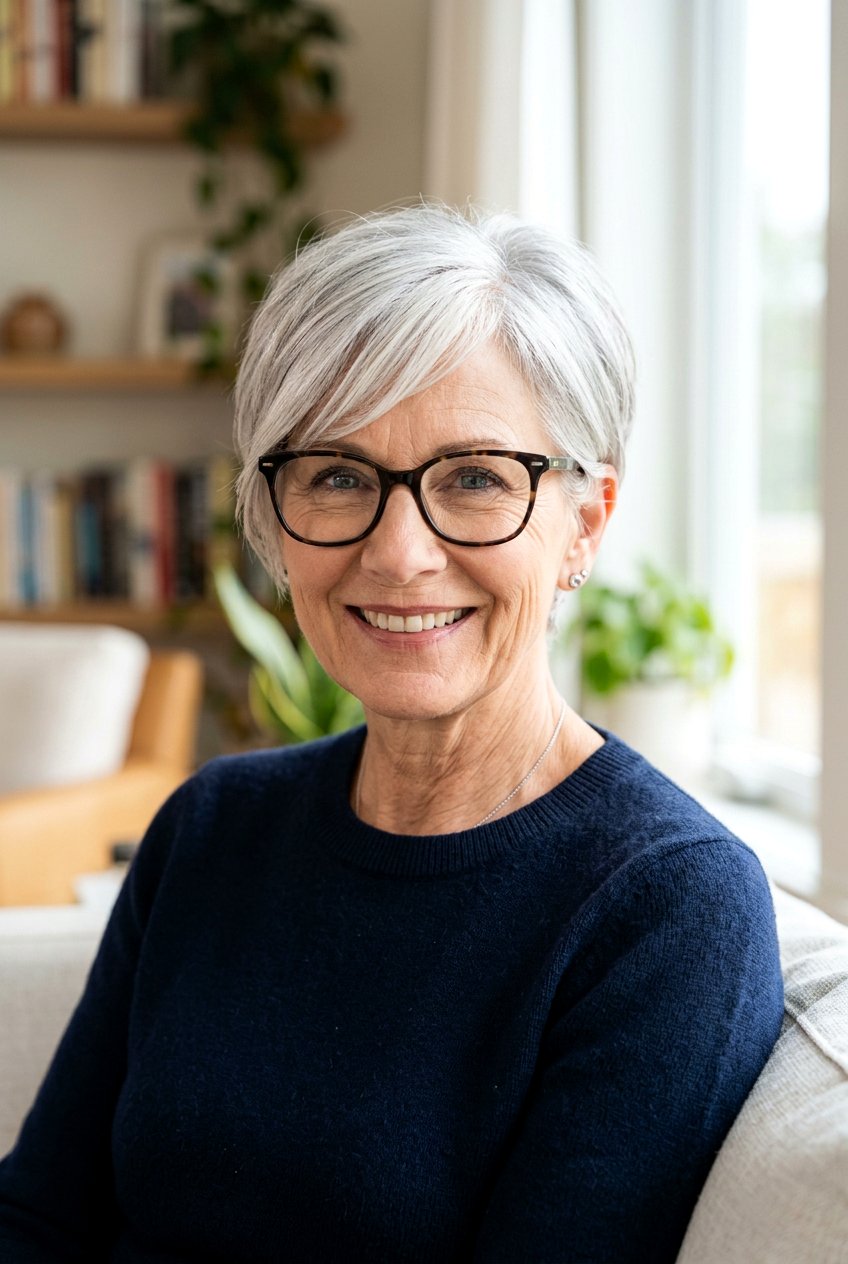 Pixie cut with side swept bangs - 20 hairstyles for women over 50 with glasses - 20 hairstyles for women over 50 with glasses