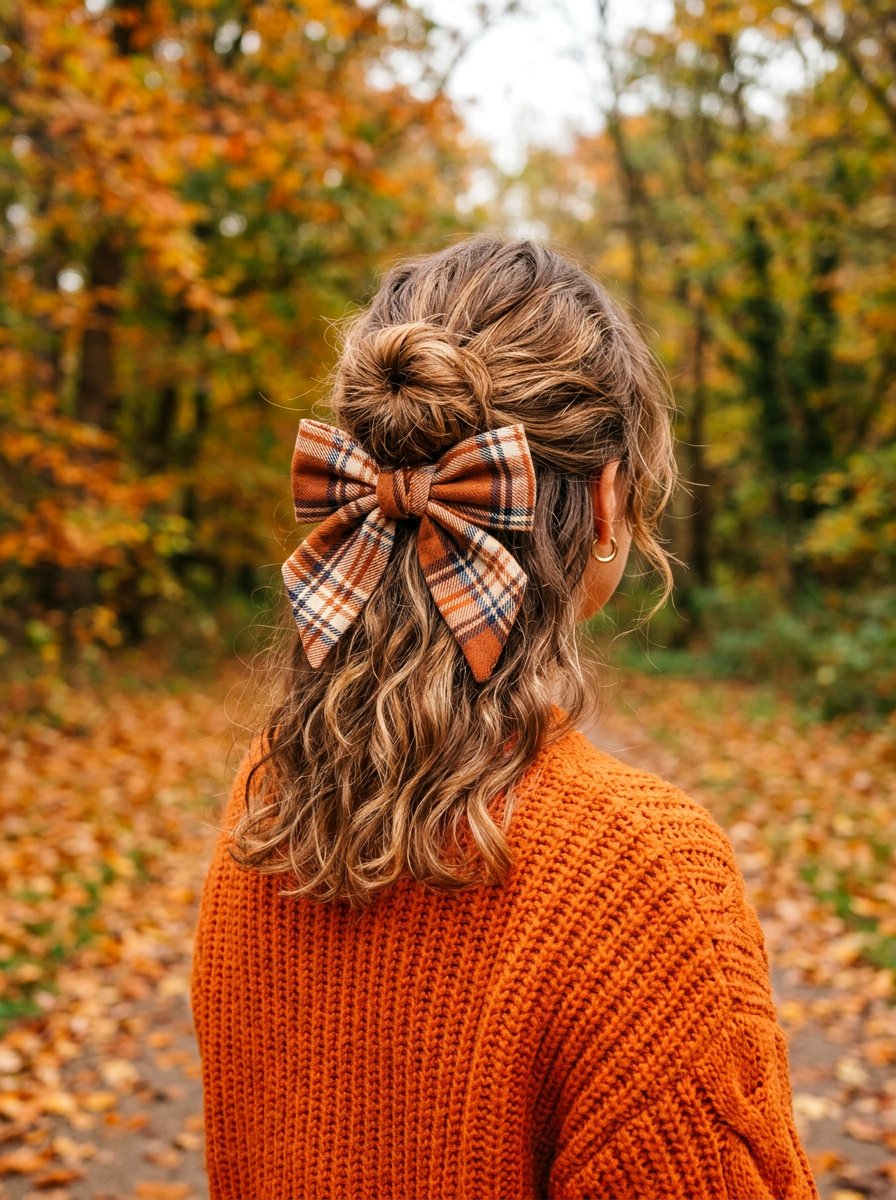 Plaid Bow Half Up Autumn - 20 ribbon bow half up hairstyle - 20 ribbon bow half up hairstyle