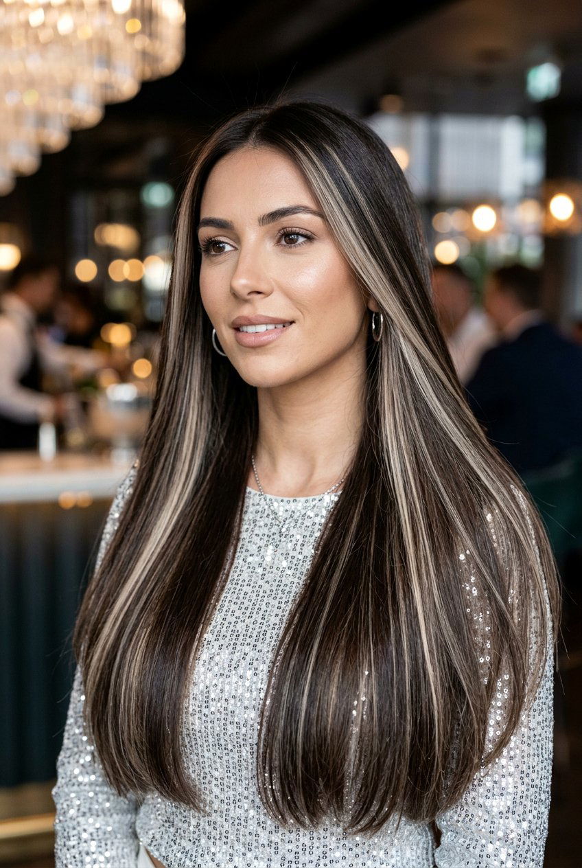 Platinum Beige Highlights on Dark Brown Hair - 20 dark brunette with cool beige highlights - 20 dark brunette with cool beige highlights