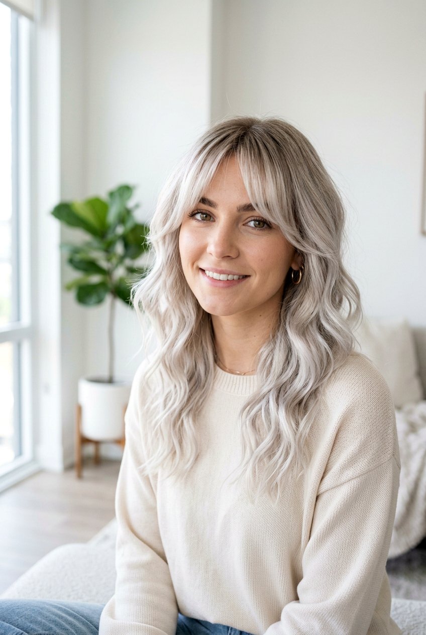 Platinum Blonde Balayage with Curtain Bangs - 20 platinum blonde balayage - 20 platinum blonde balayage