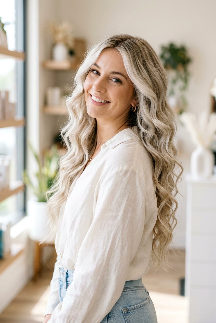 Platinum Blonde Balayage with Loose Curls - 20 platinum blonde balayage - 20 platinum blonde balayage