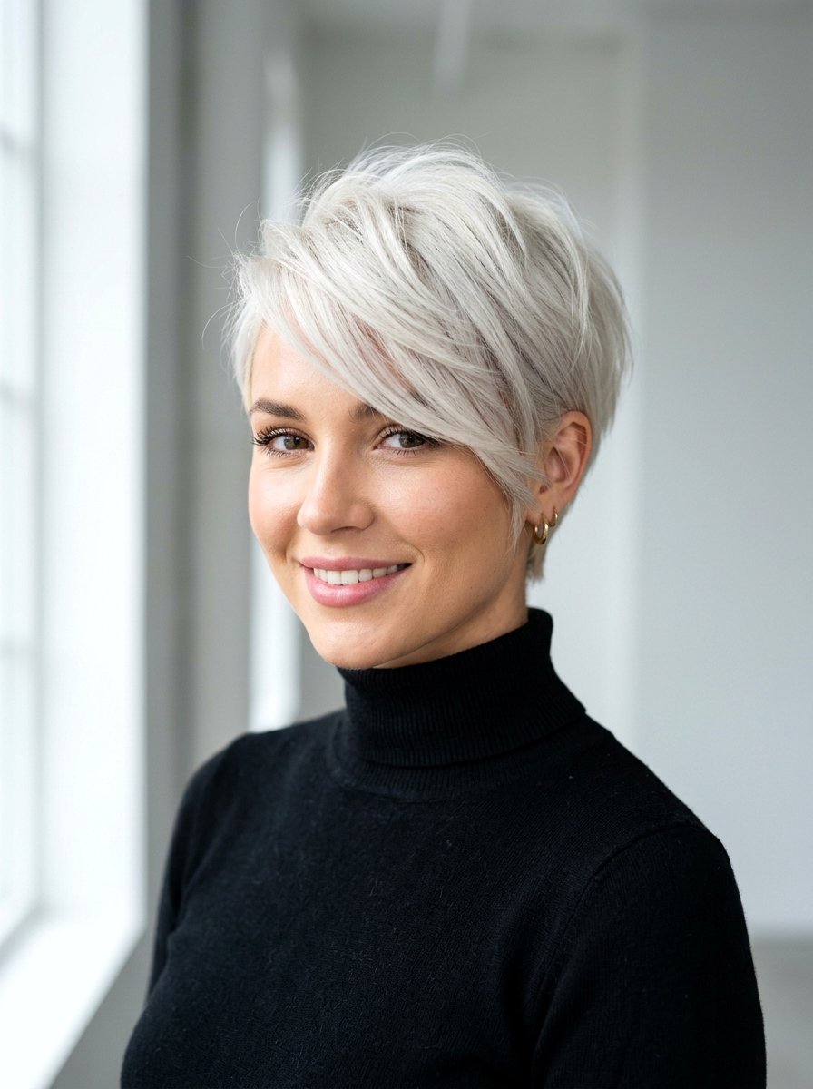 Platinum Blonde Layered Pixie With Side Sweep - 20 layered pixie with side fringe - 20 layered pixie with side fringe