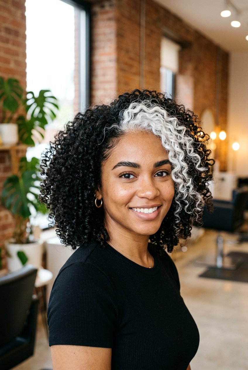 Platinum Blonde Skunk Stripe On Curly Hair - 20 skunk stripe hair color - 20 skunk stripe hair color