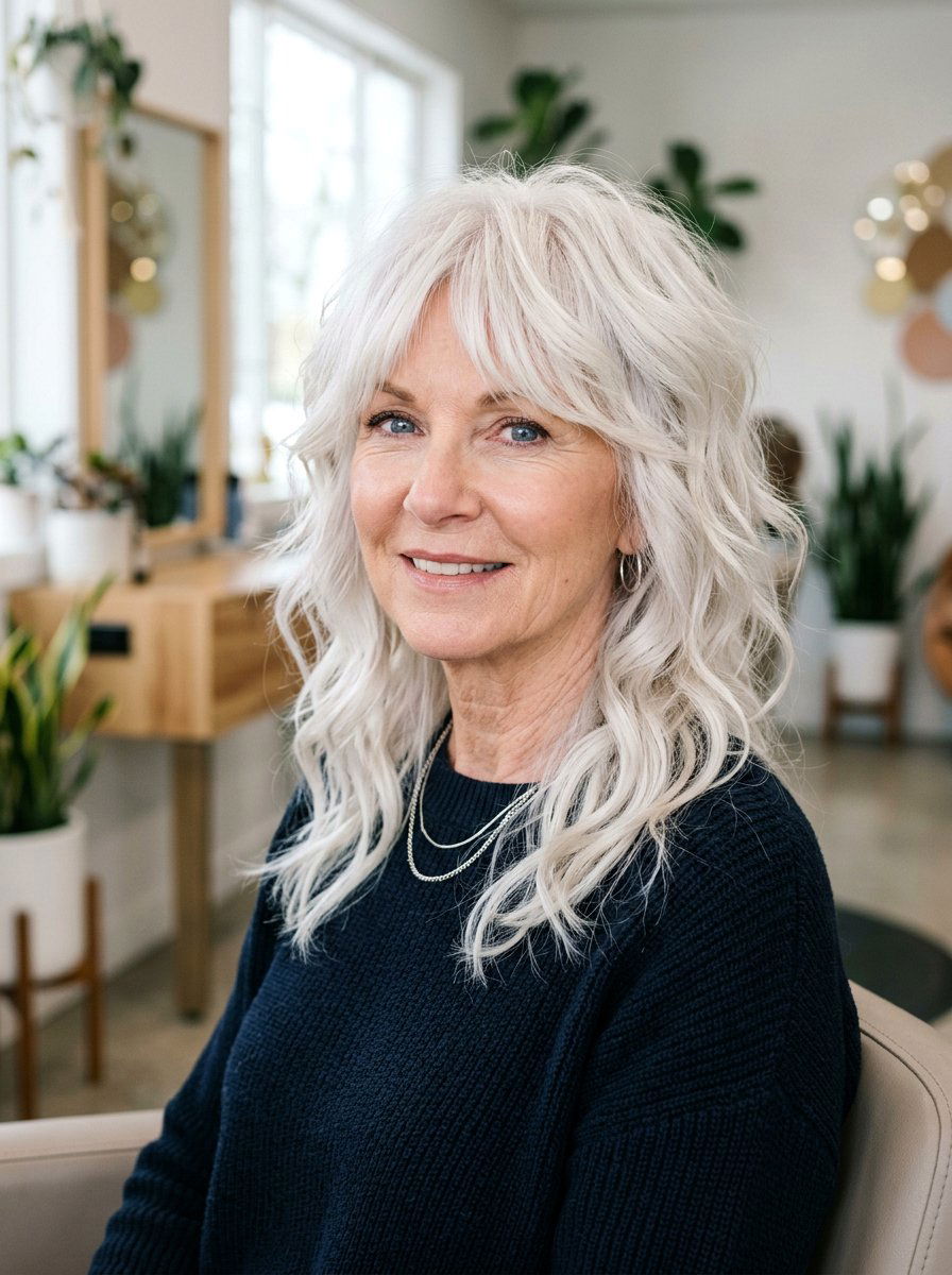 Platinum Blonde Wavy Shag - 20 wavy shag haircut for women over 60 - 20 wavy shag haircut for women over 60