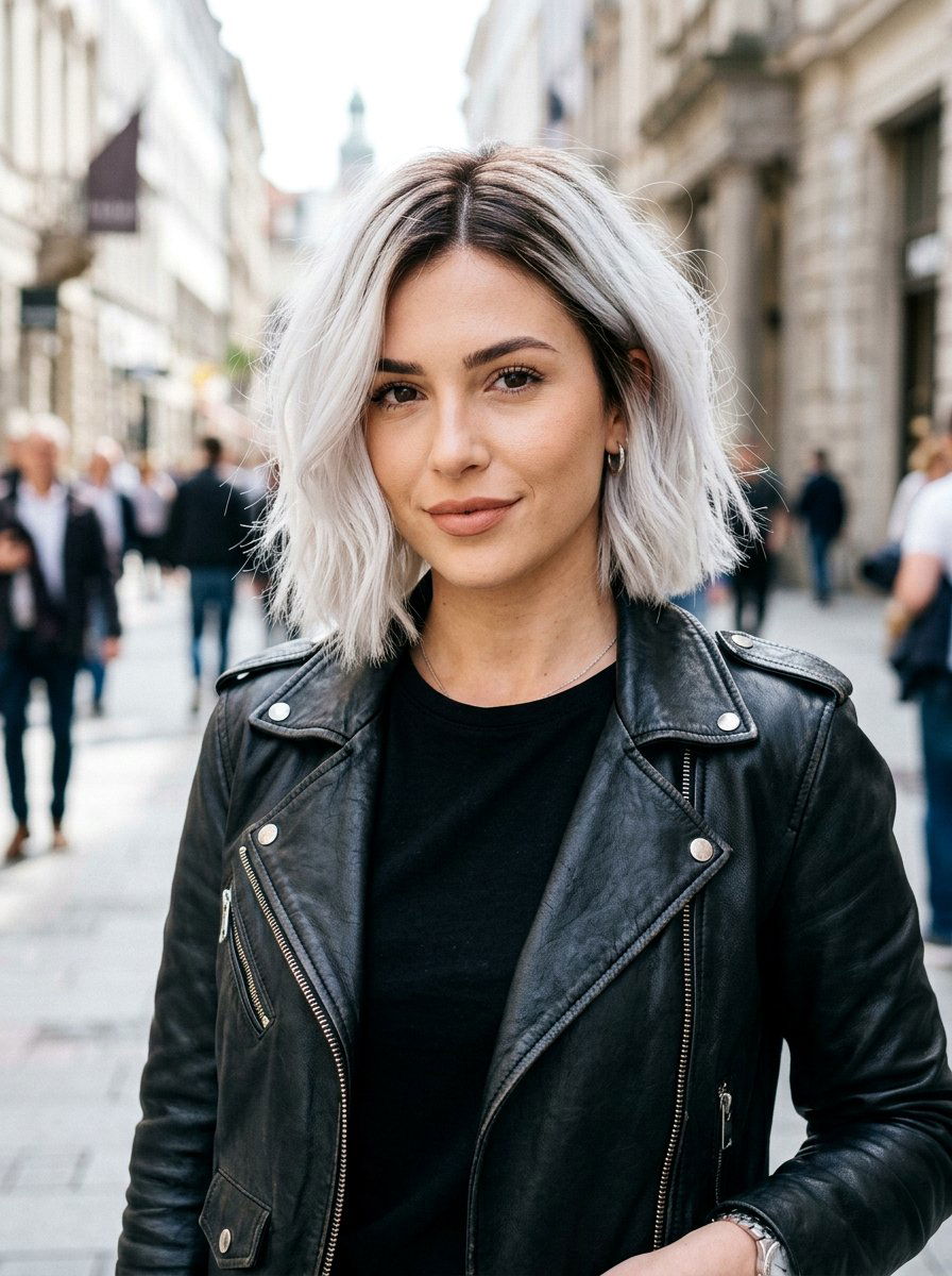 Platinum Bob With Dark Roots - 20 dimensional bob hair color ideas - 20 dimensional bob hair color ideas