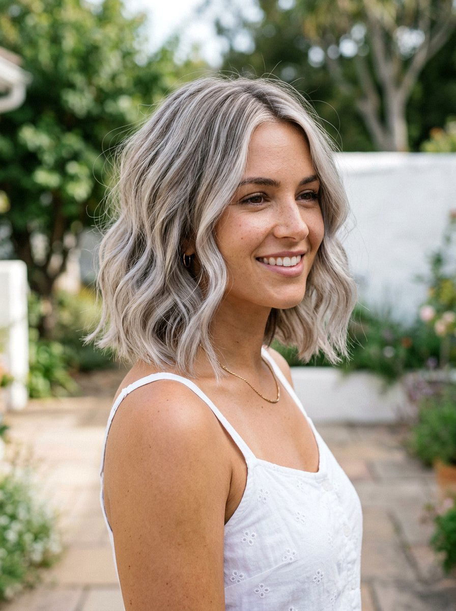 Platinum Gray Balayage Wavy Bob - 20 platinum gray balayage - 20 platinum gray balayage