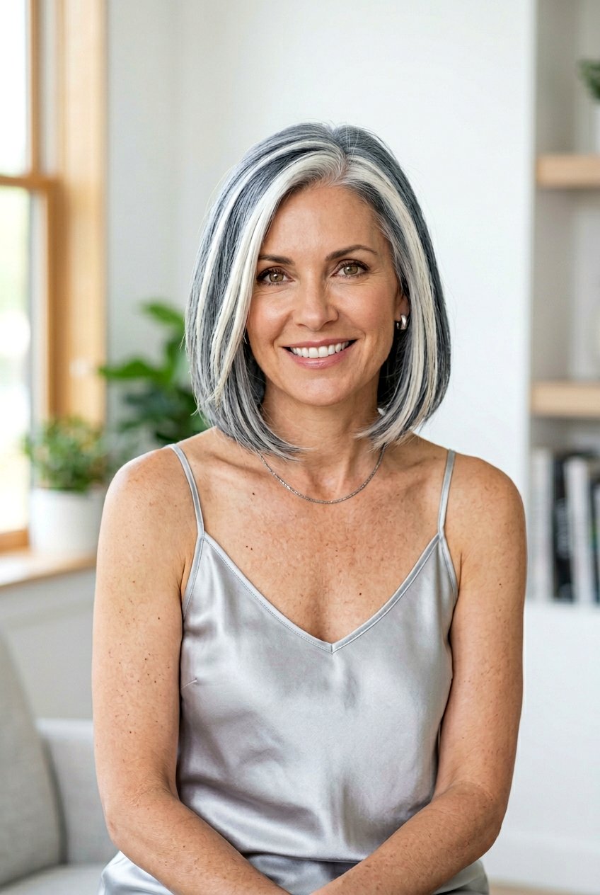 Platinum Highlights Gray Bob - 20 gray blending bob with highlights - 20 gray blending bob with highlights