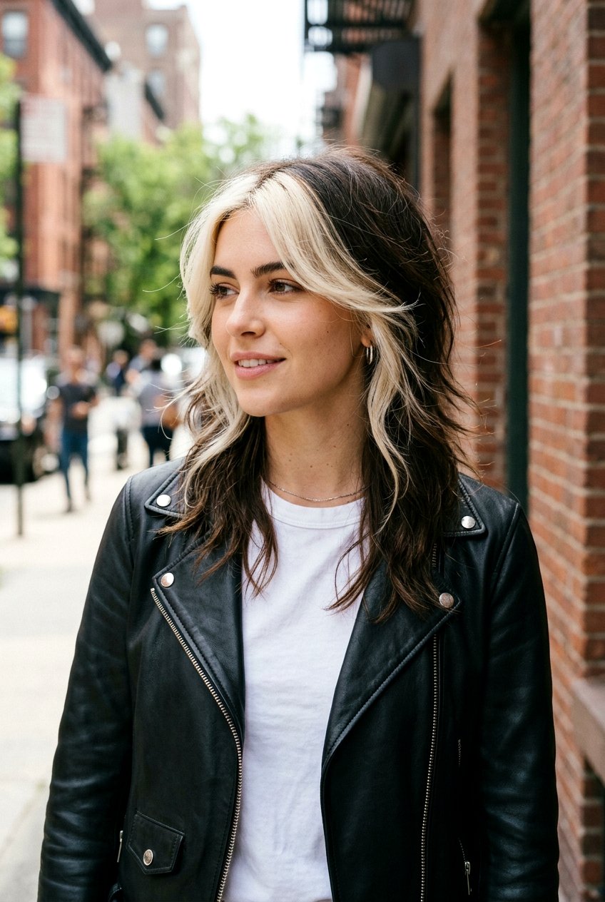 Platinum Money Piece Brunette Wolf Cut - 20 brunette wolf cut color ideas - 20 brunette wolf cut color ideas