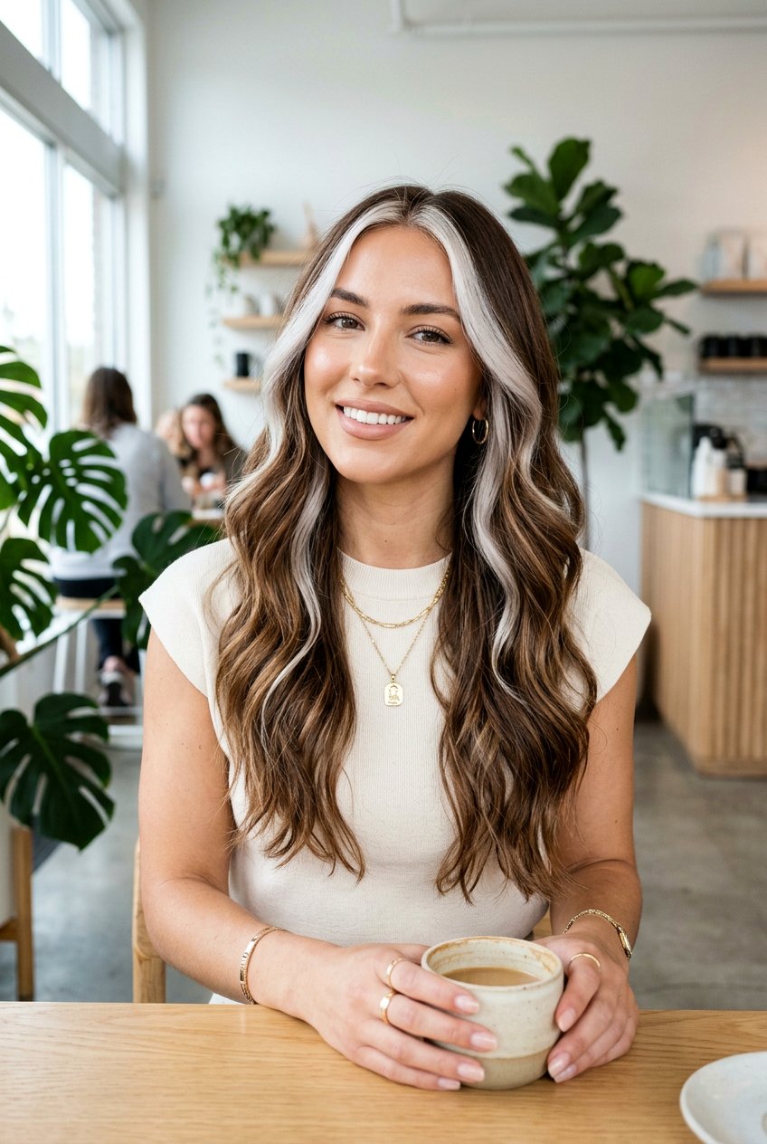 Platinum Money Piece with Full Caramel Highlights on Brown Hair - 20 full highlights on brown hair - 20 full highlights on brown hair