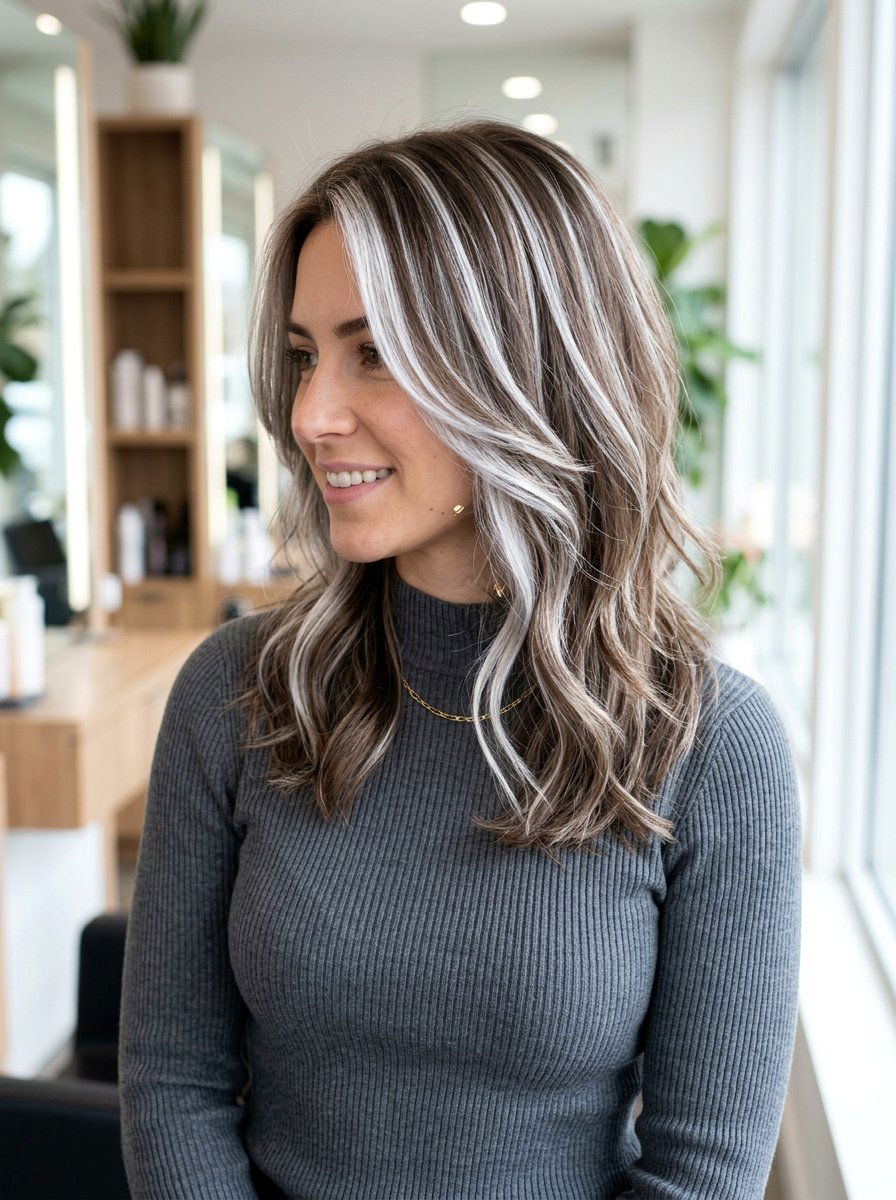 Platinum Ribbon Highlights On Medium Brown Layered Cut - 20 ribbon highlights for medium brown hair - 20 ribbon highlights for medium brown hair