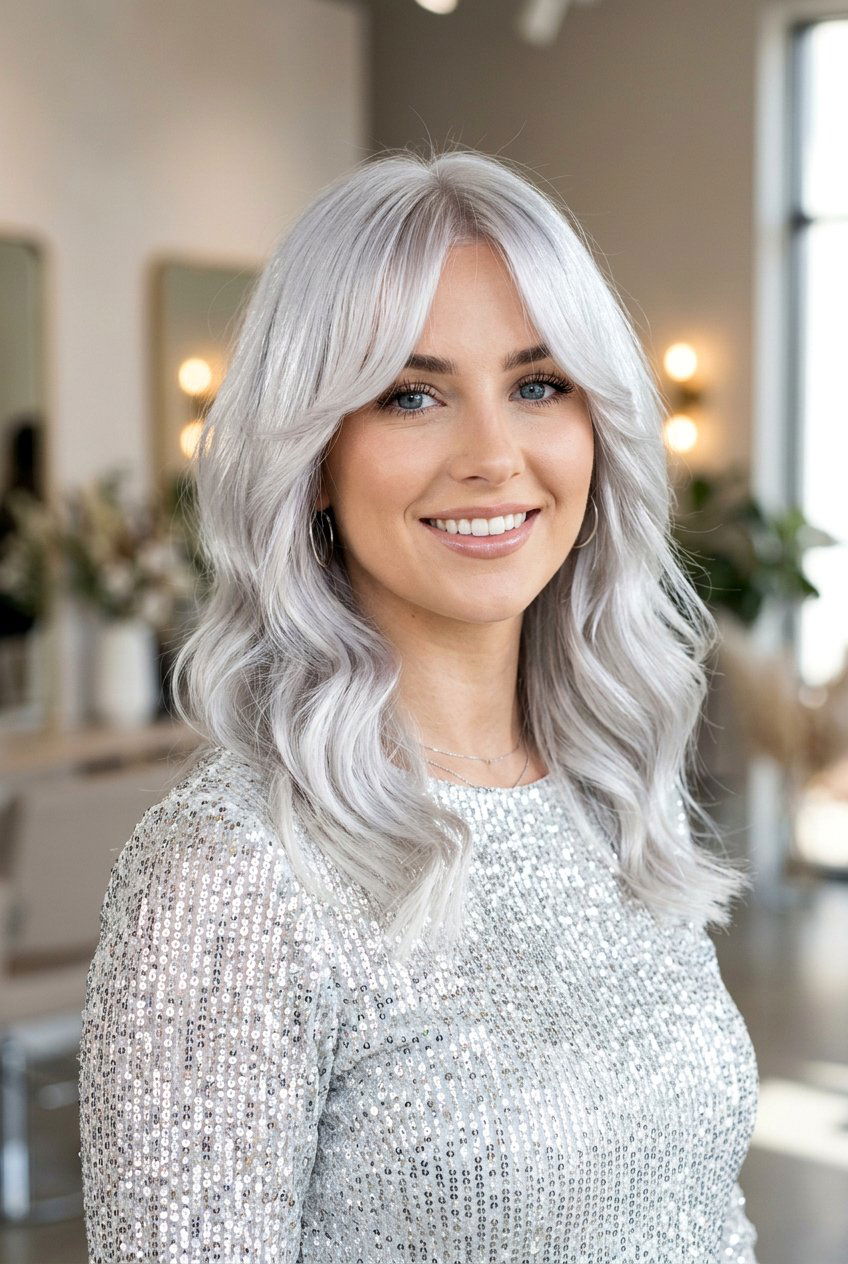 Platinum Silver Hair With Curtain Bangs - 20 gray hair with curtain bangs - 20 gray hair with curtain bangs