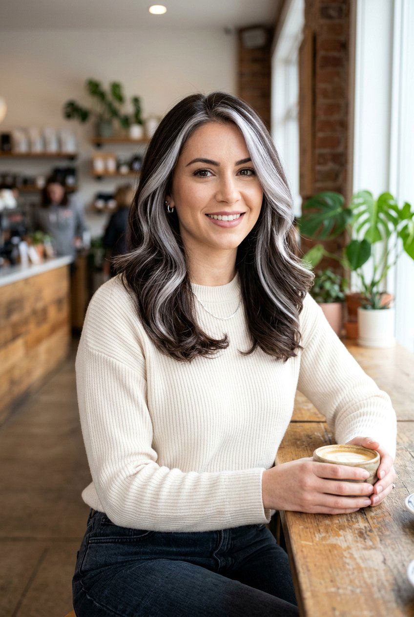 Platinum Silver Highlights on Espresso Hair - 20 silver highlights on dark hair - 20 silver highlights on dark hair