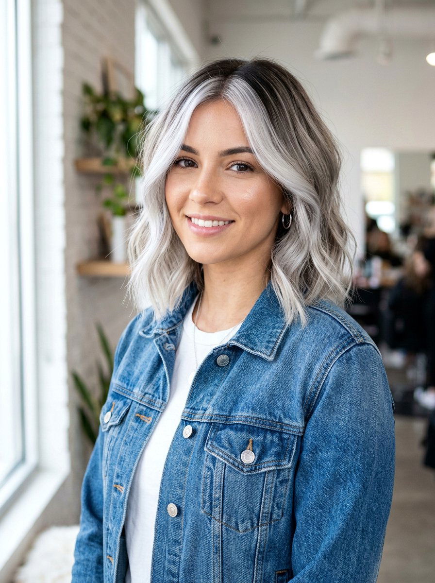 Platinum Silver Money Piece - 20 rooted silver blonde hair - 20 rooted silver blonde hair