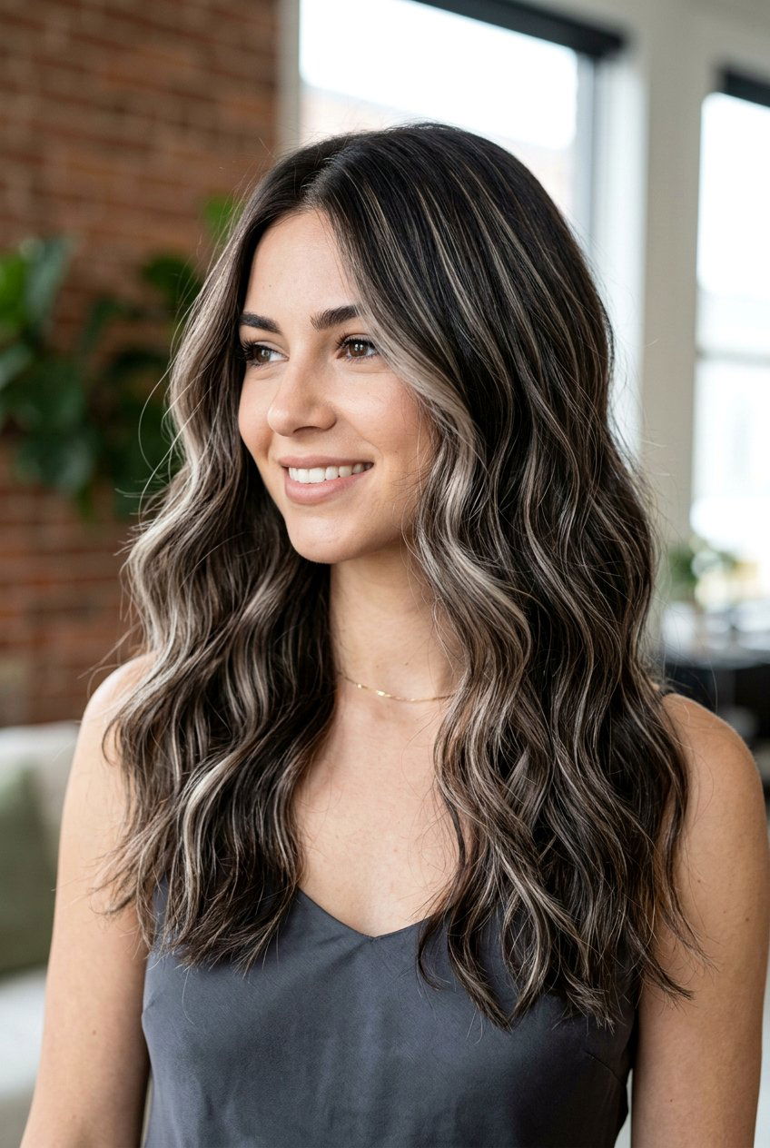 Platinum and Beige Ribbon Highlights on Dark Hair - 20 brunette ribbon highlights - 20 brunette ribbon highlights