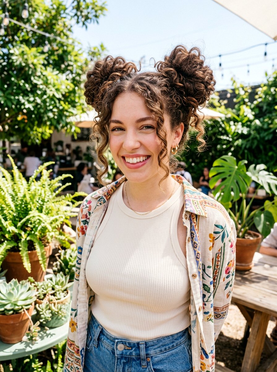 Playful Curly Space Buns - 20 date night hairstyle for curly hair women - 20 date night hairstyle for curly hair women