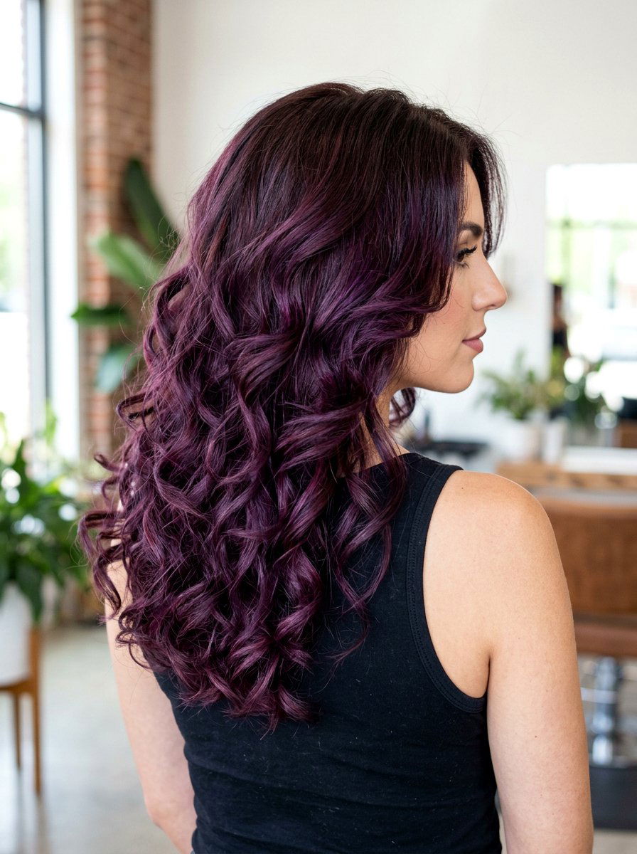 Plum Balayage On Dark Hair With Curls And Layers - 20 plum red balayage on dark hair - 20 plum red balayage on dark hair