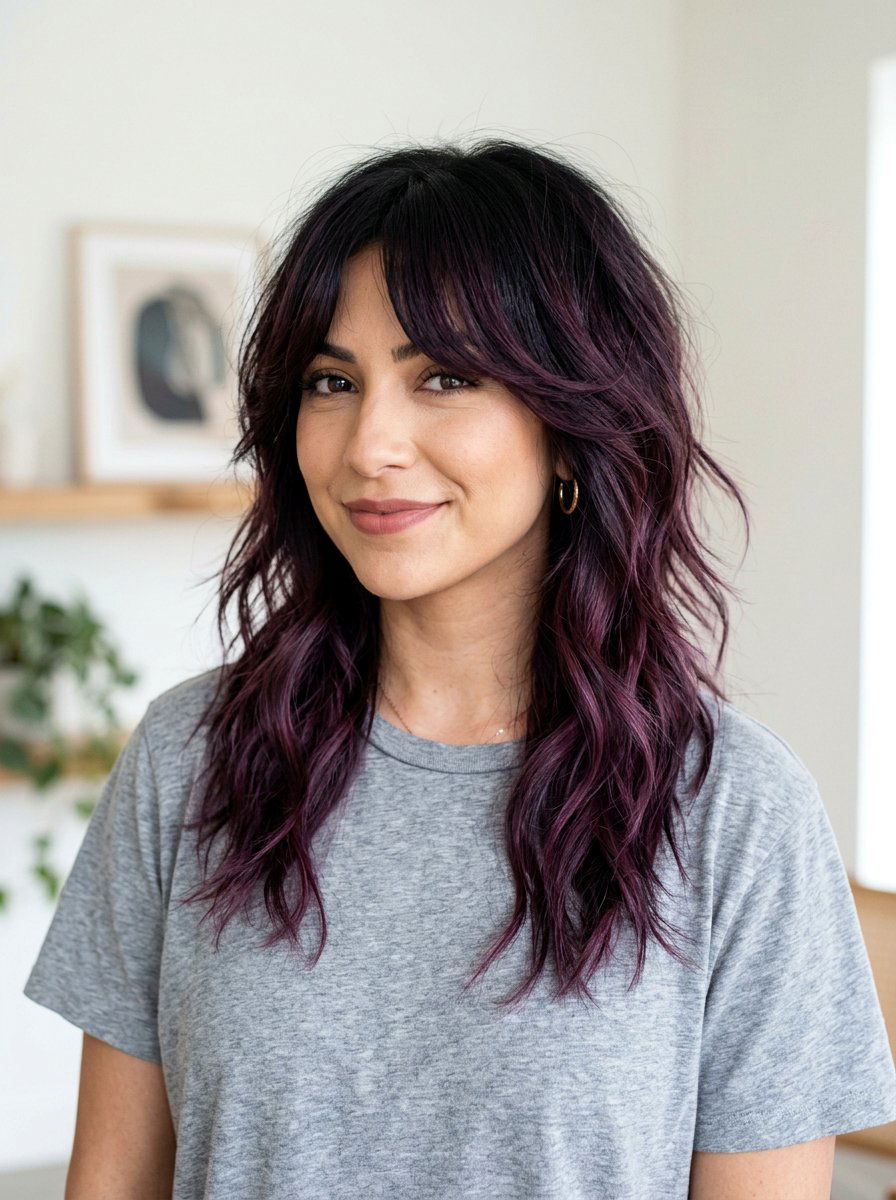 Plum Balayage On Layered Shag For Dark Hair - 20 plum red balayage on dark hair - 20 plum red balayage on dark hair