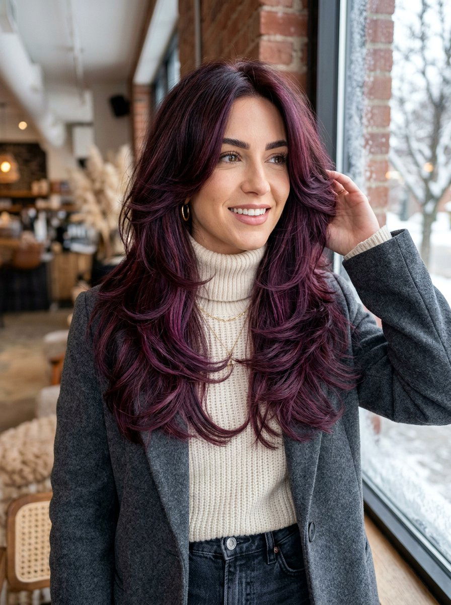 Plum Brunette Balayage Butterfly Cut - 20 winter plum brunette balayage - 20 winter plum brunette balayage