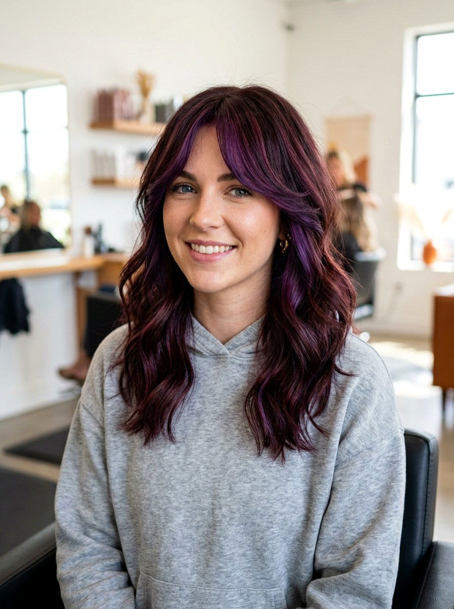 Plum Burgundy Highlights With Curtain Bangs - 20 plum burgundy highlights on dark hair - 20 plum burgundy highlights on dark hair